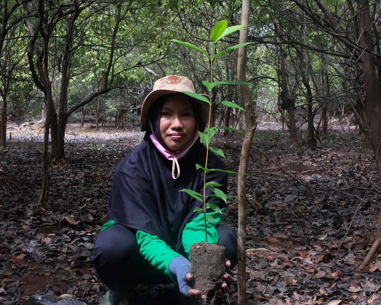 Woman holding a plant outside