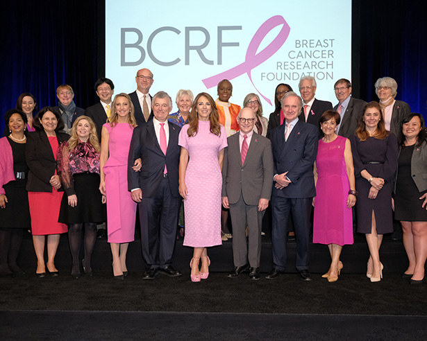 Bari Seiden-Young, Kinga Lampert, William P. Lauder, Elizabeth Hurley, Dr. Larry Norton, Fabrizio Freda, Myra J. Biblowit, and ELC-funded 2022–2023 BCRF Researchers. Photo by Rob Rich